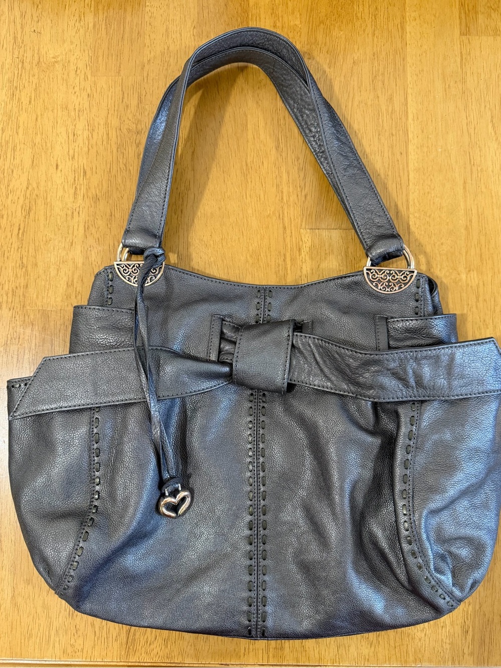 Brighton Grey Silver Leather Shoulder Bag with Bow and Heart Charm